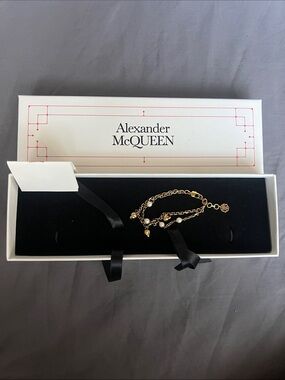 Alexander McQueen Gold Multi-Chain Bracelet with White Pearls